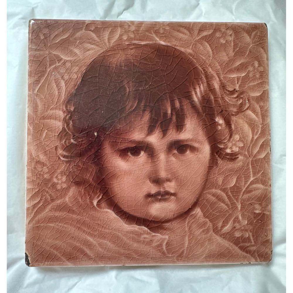Victorian Majolica Fireplace Tile Young Child Portrait A.E Tile Co